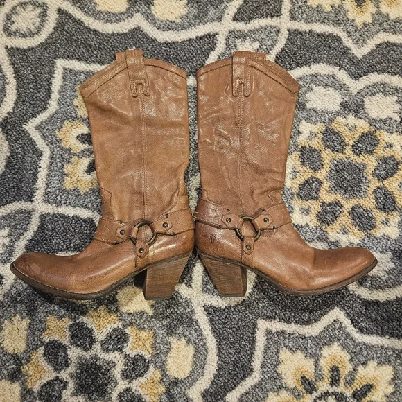 Frye Vintage Brown Heeled Harness Boots Size 8.5 Leather Cowgirl Western - Picture 10 of 10